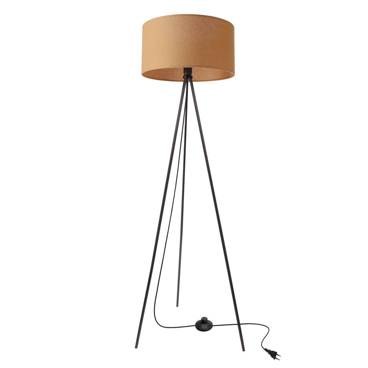 Lampadaire sur pied à structure noire et abat-jour cylindrique en tissu beige, vue de face.