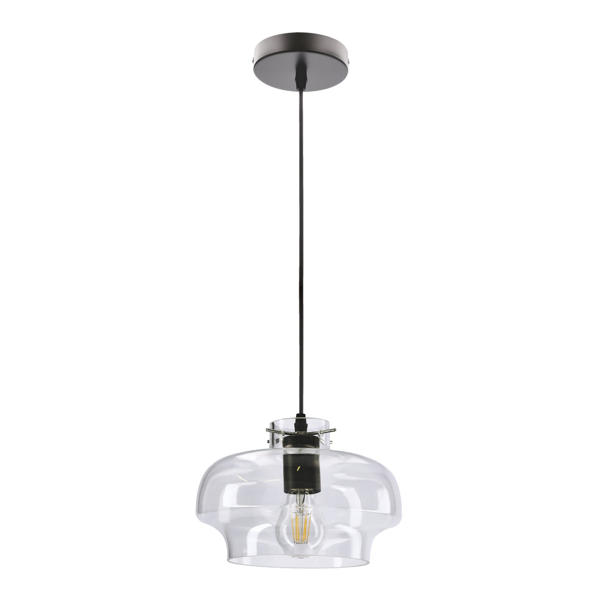 Suspension en verre transparent et métal noir, vue de face sur fond blanc