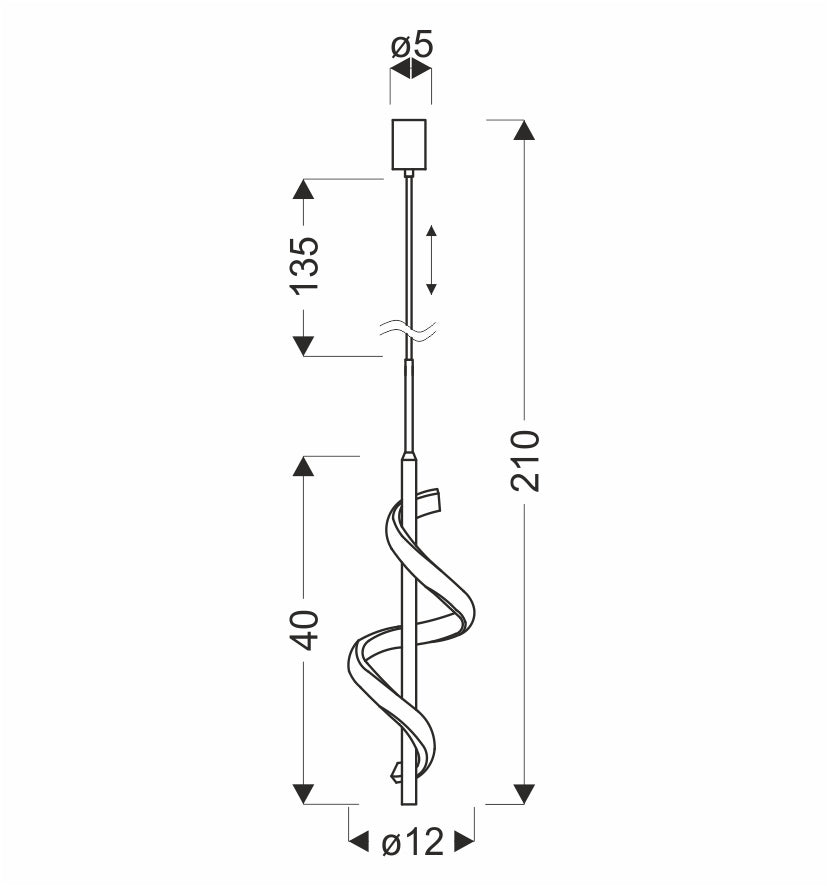 Schéma de dimensions de la suspension : rosace Ø5 cm, hauteur totale 210 cm, corps 40 cm.
