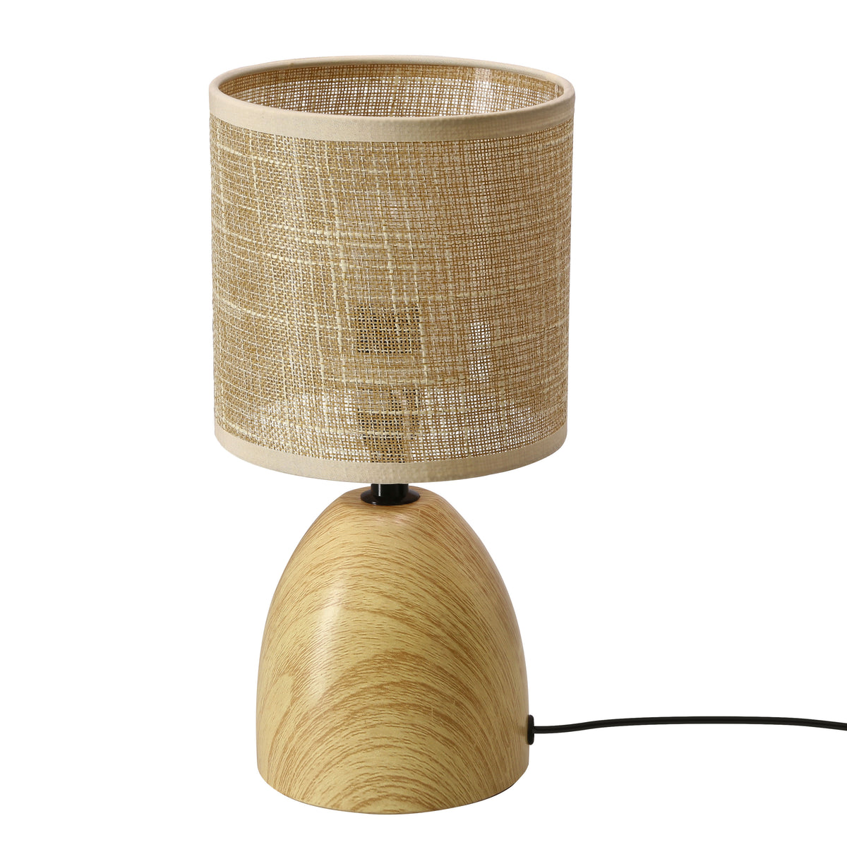 Lampe à poser vue de face, abat-jour cylindrique en tissu beige et base en bois clair