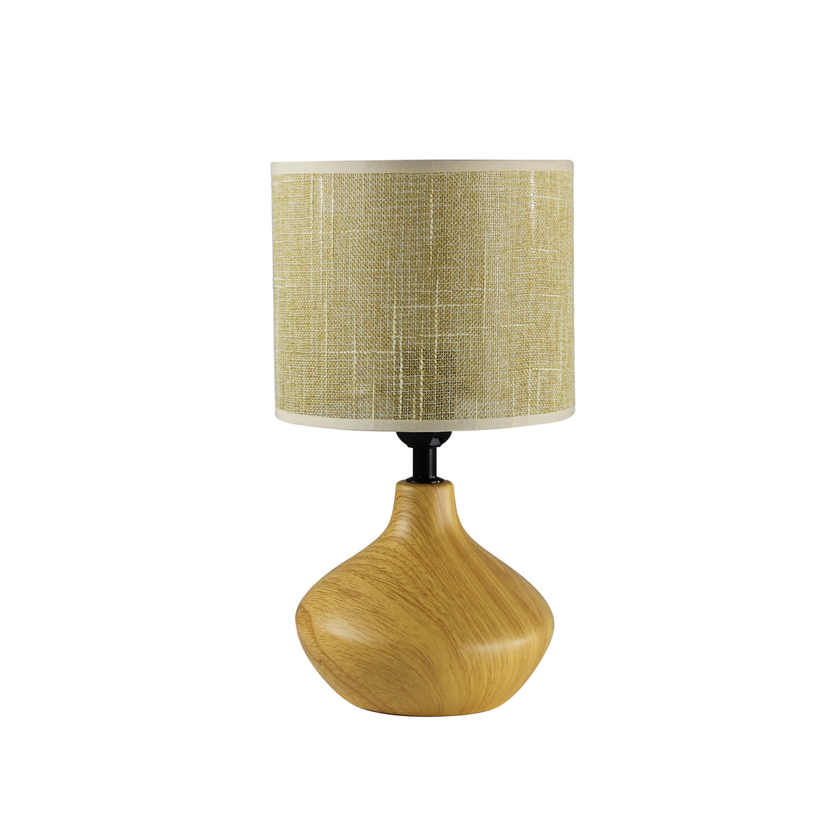 Lampe à poser de face, abat-jour cylindrique en tissu et base en bois clair