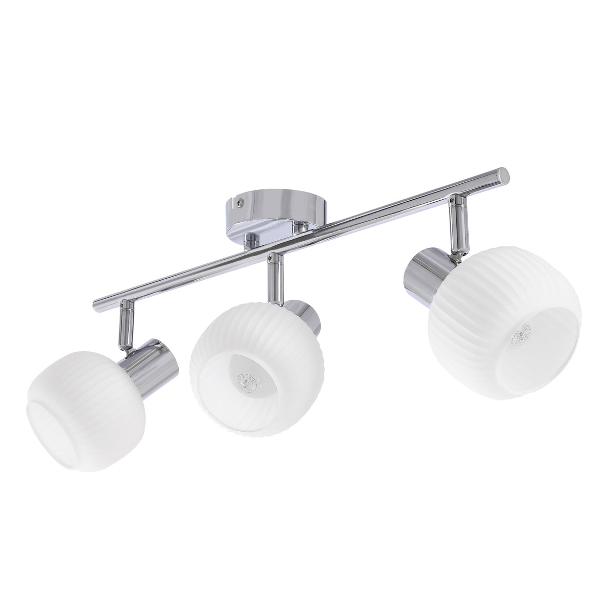 Plafonnier trois spots orientables en verre blanc et finition chromée, vue de face