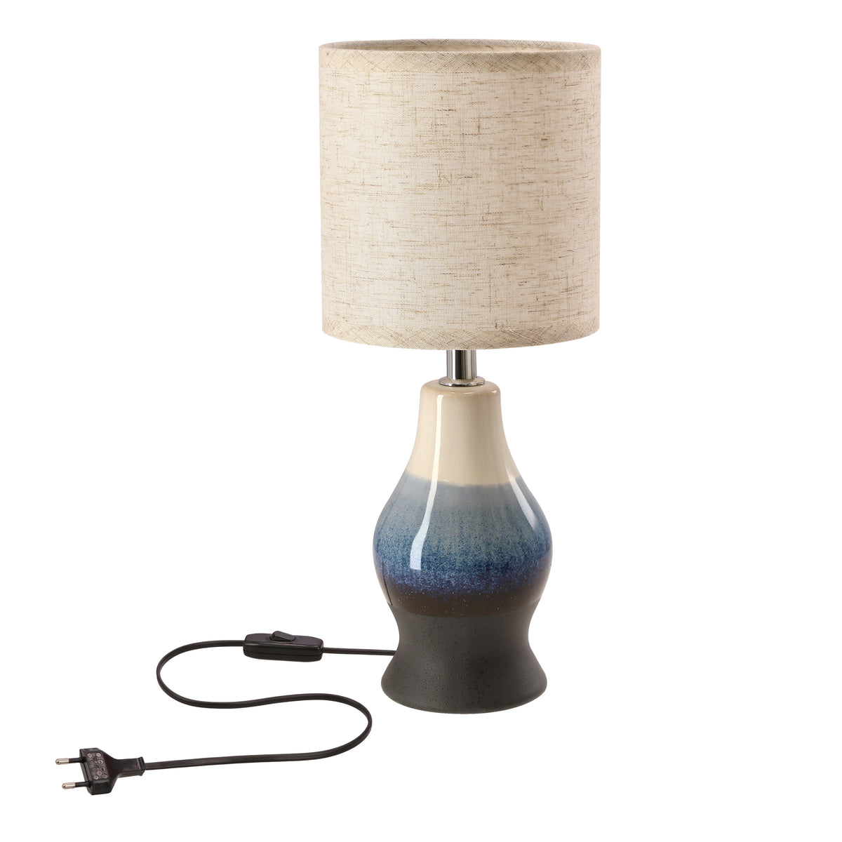 Lampe à poser avec abat-jour cylindrique en tissu beige et base céramique dégradée bleu et brun.