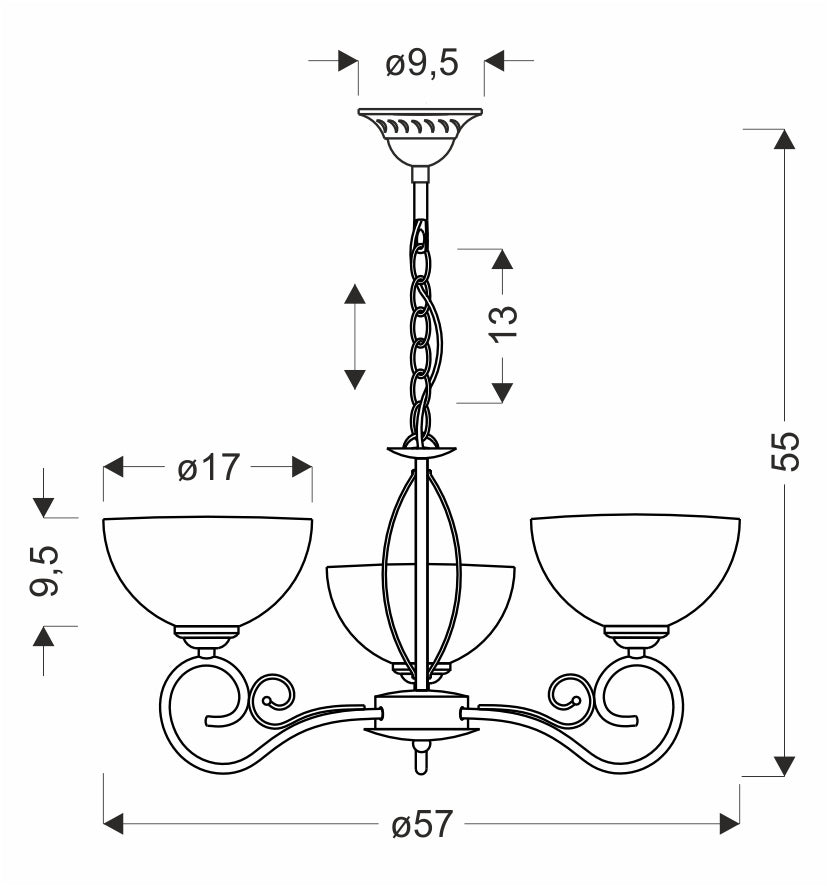Schéma de dimensions : diamètre 57 cm, hauteur 55 cm, vasques de 17 cm