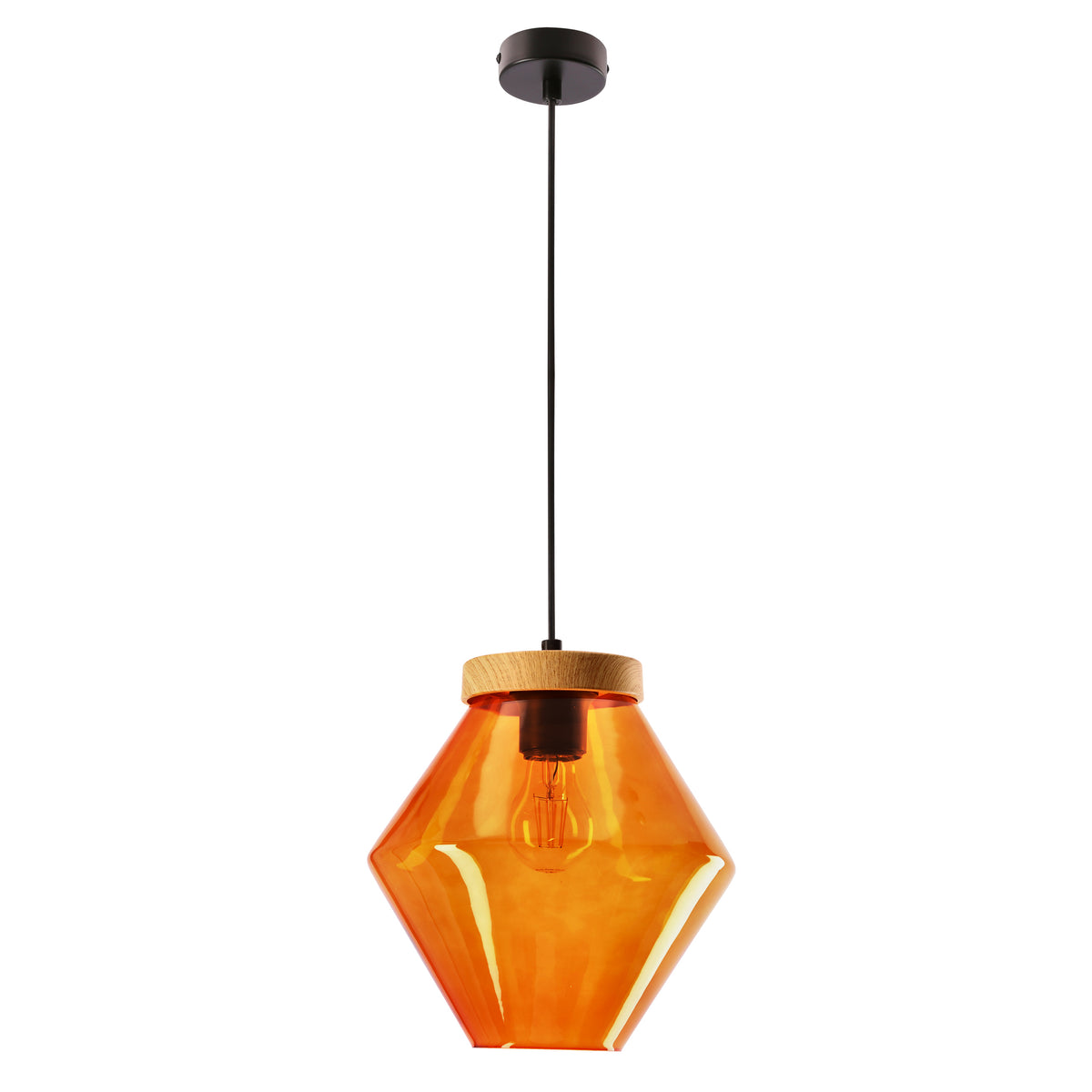 Suspension en verre ambré facetté, anneau en bois clair et câble noir, vue de face