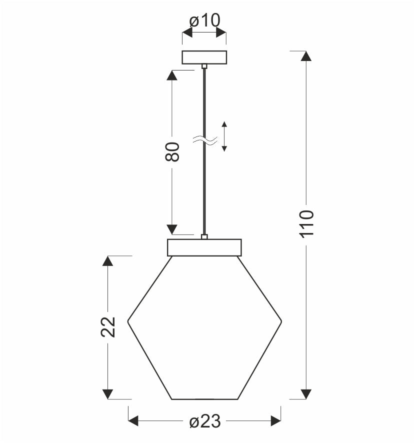 Schéma technique coté : diamètre 23 cm, hauteur 22 cm, câble réglable 80 cm