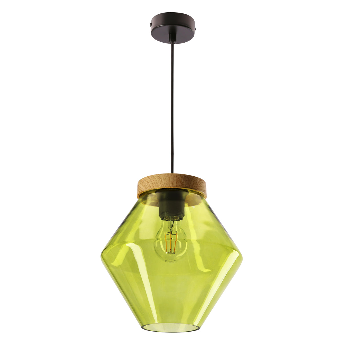 Même suspension avec abat-jour en verre vert translucide, ampoule à filament visible, fond blanc