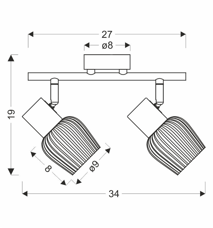 Schéma technique coté du plafonnier deux spots, largeur 27 cm et hauteur 19 cm.