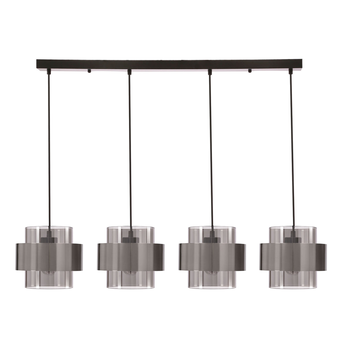 Suspension quatre lumières à abat-jours cylindriques en verre et nickel satiné, vue de face.