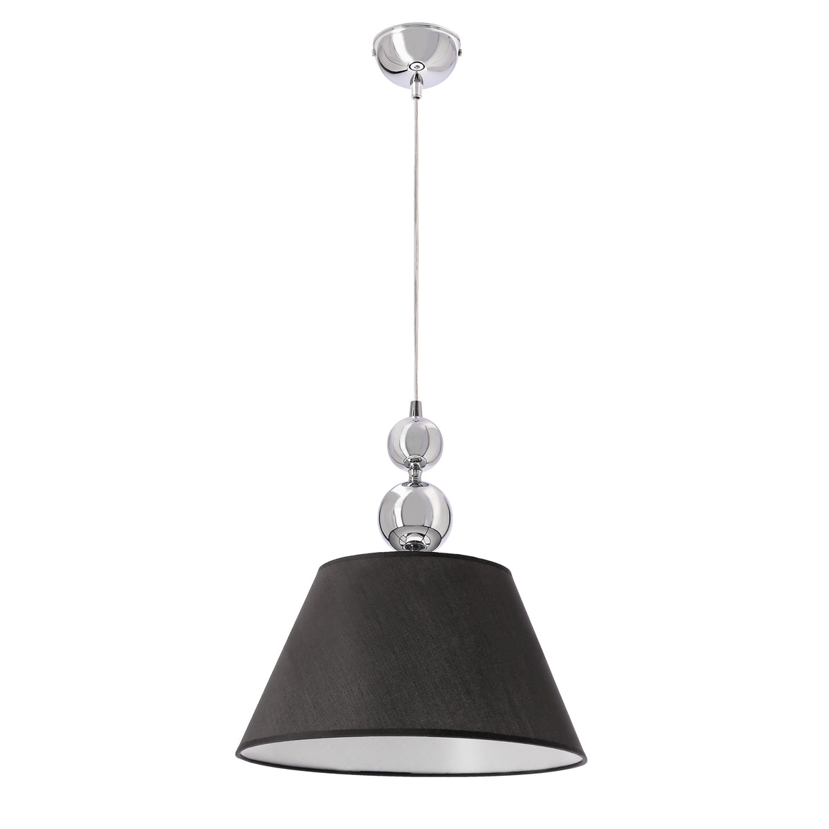 Suspension au grand abat-jour conique en tissu noir et finitions chromées brillantes