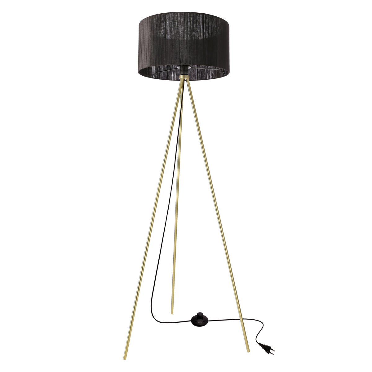 Lampadaire doré à trois pieds, abat-jour cylindrique en tissu noir, vu de face
