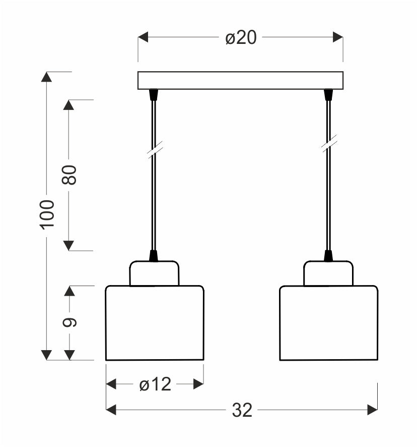 Schéma coté du luminaire : rosace 20 cm, hauteur 100 cm, abat-jours 12 cm