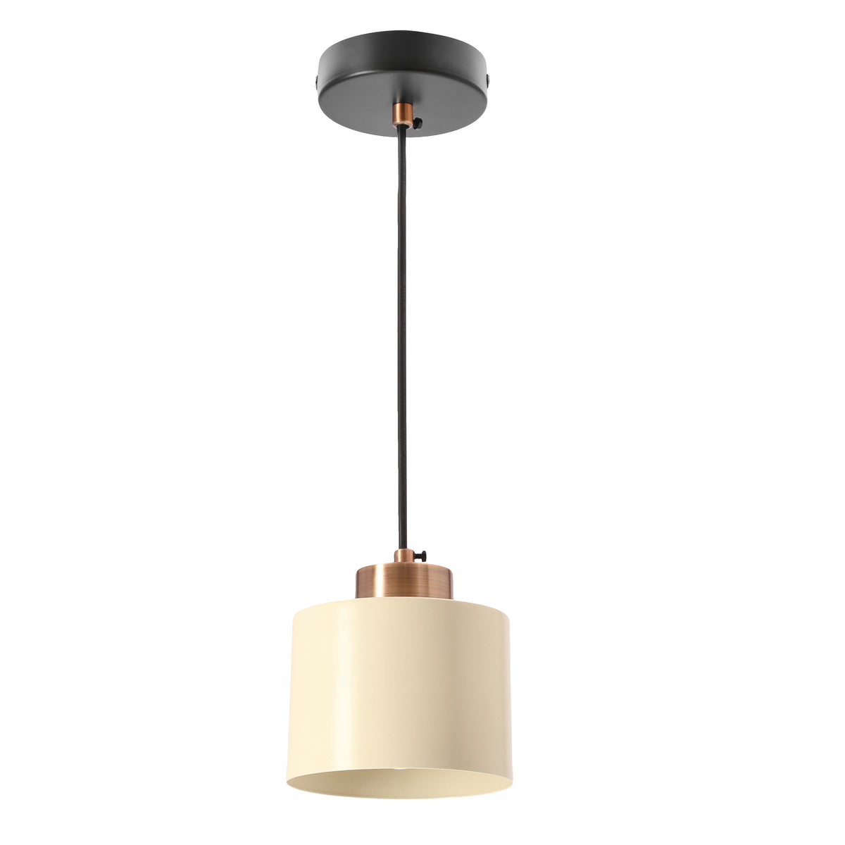Suspension vue de face, abat-jour cylindrique crème et détails en cuivre