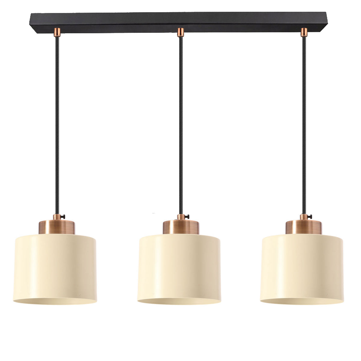 Suspension trois abat-jours cylindriques crème sur barre rectangulaire noire, détails cuivre, vue de face