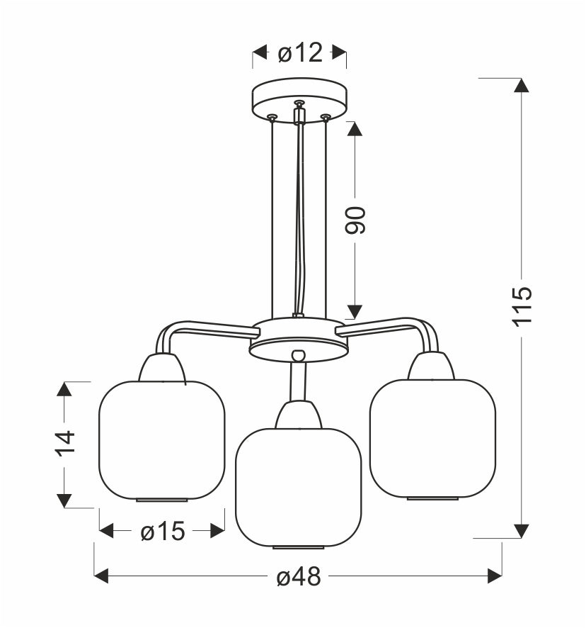 Schéma coté du luminaire avec hauteur 115 cm et diamètre 48 cm.