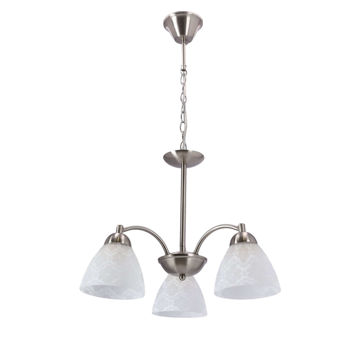 Suspension trois lumières nickel mat, abat-jour coniques en verre, vue de face sur fond blanc.