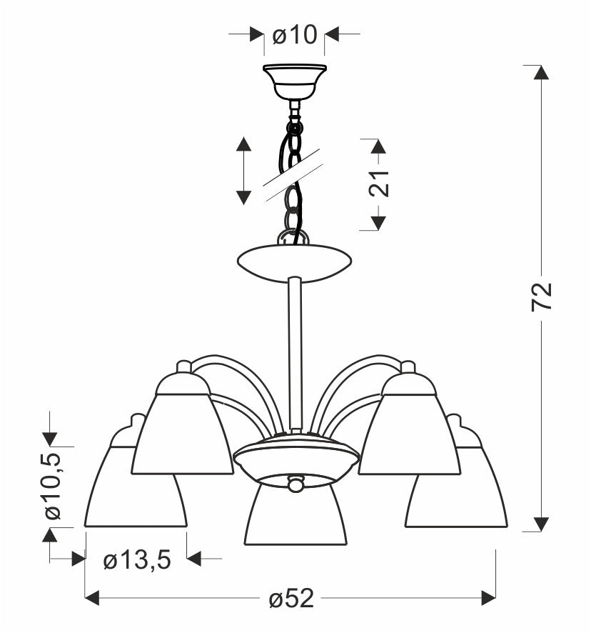 Schéma coté de la suspension : hauteur 72 cm, diamètre 52 cm, abat-jours 13,5 cm.