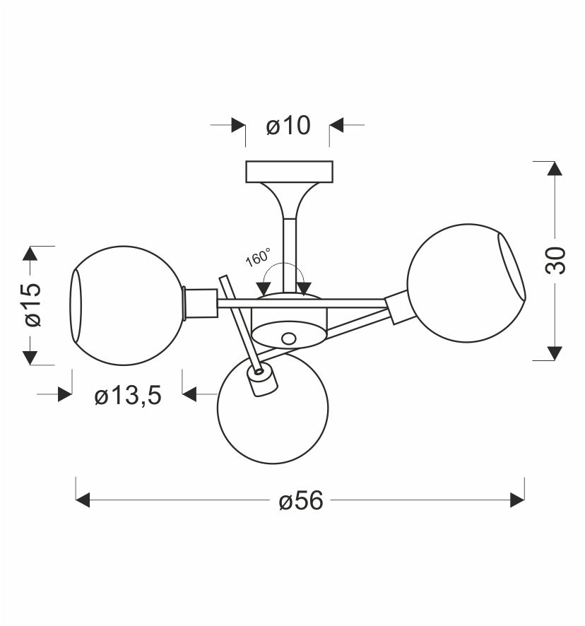 Schéma de dimensions cotées du luminaire, diamètre 56 cm et hauteur 30 cm