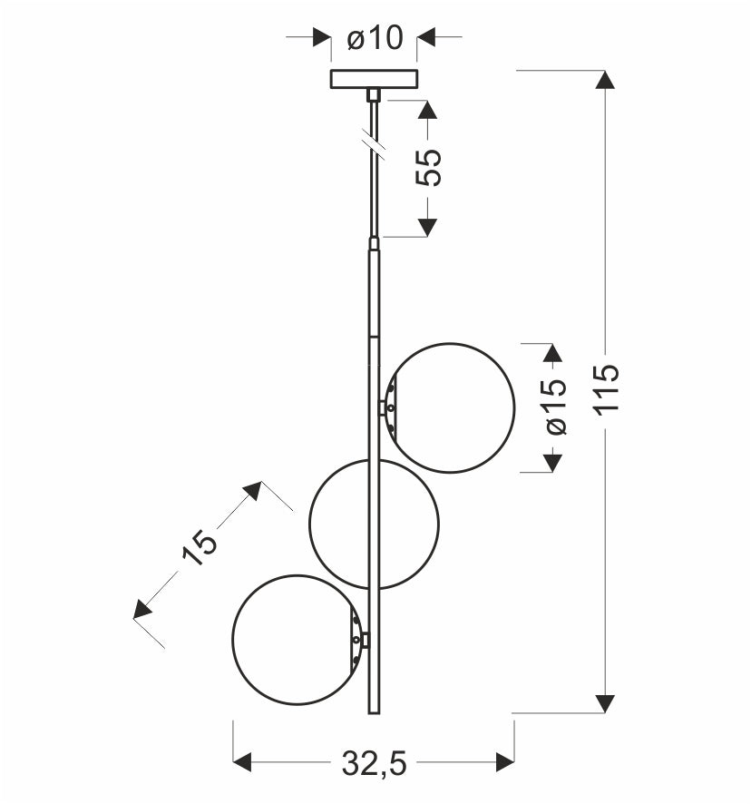 Schéma de dimensions du luminaire avec hauteur et diamètres des globes.