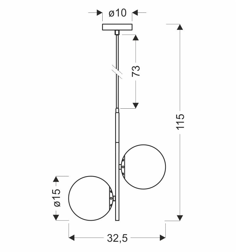 Schéma coté du luminaire : diamètre 10 cm, hauteur 115 cm, largeur 32,5 cm