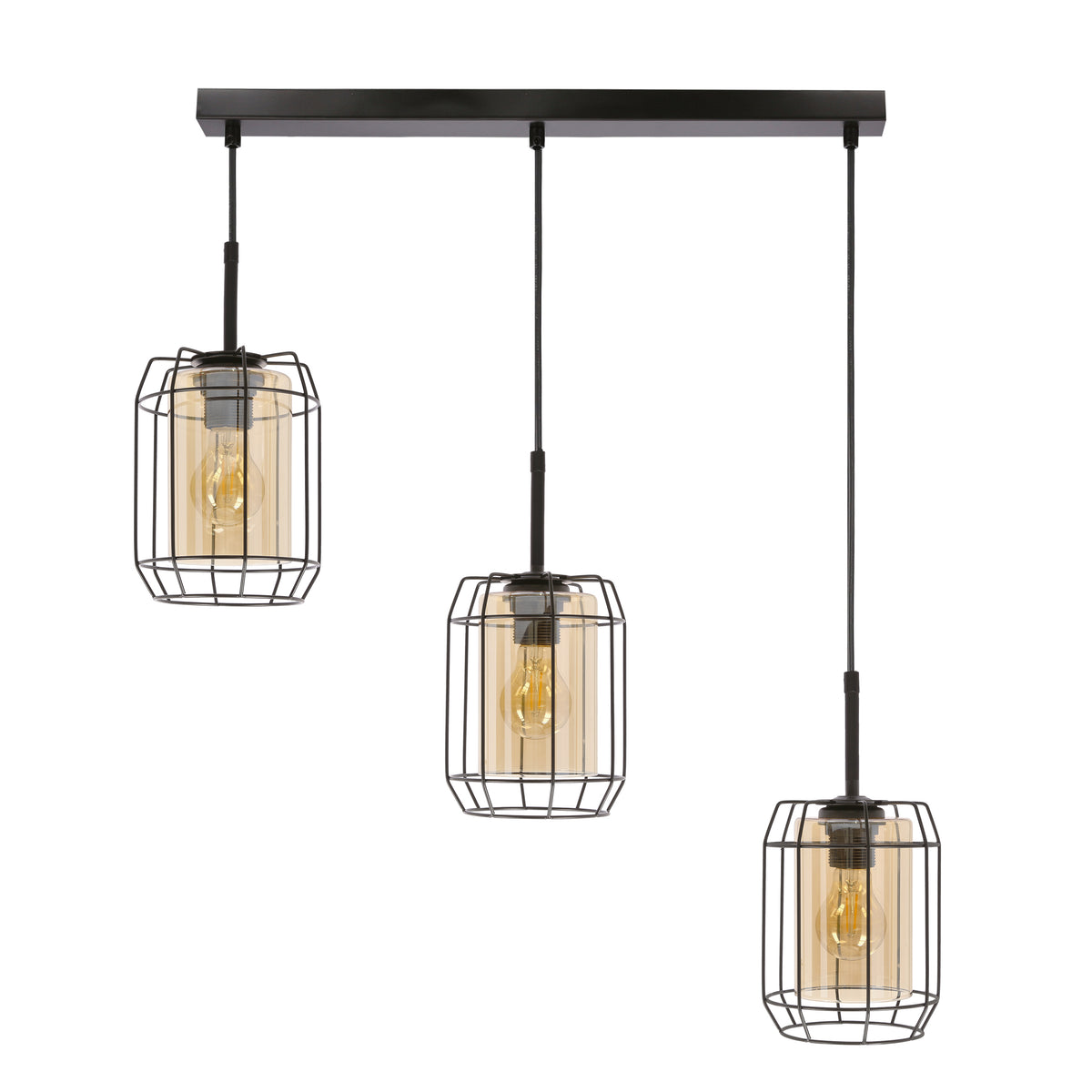 Suspension trois lumières noire à cages métalliques et abat-jour en verre transparent