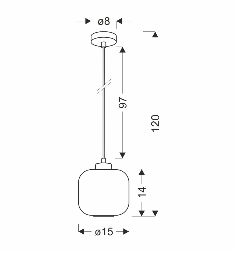 Schéma coté du luminaire : diamètre 15 cm, hauteur 14 cm, câble réglable
