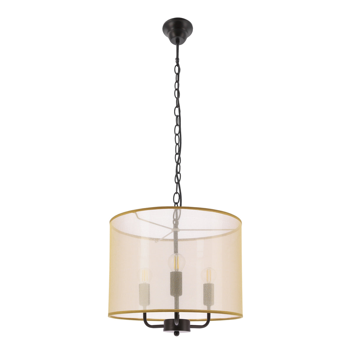 Suspension noire avec abat-jour cylindrique beige et trois ampoules visibles