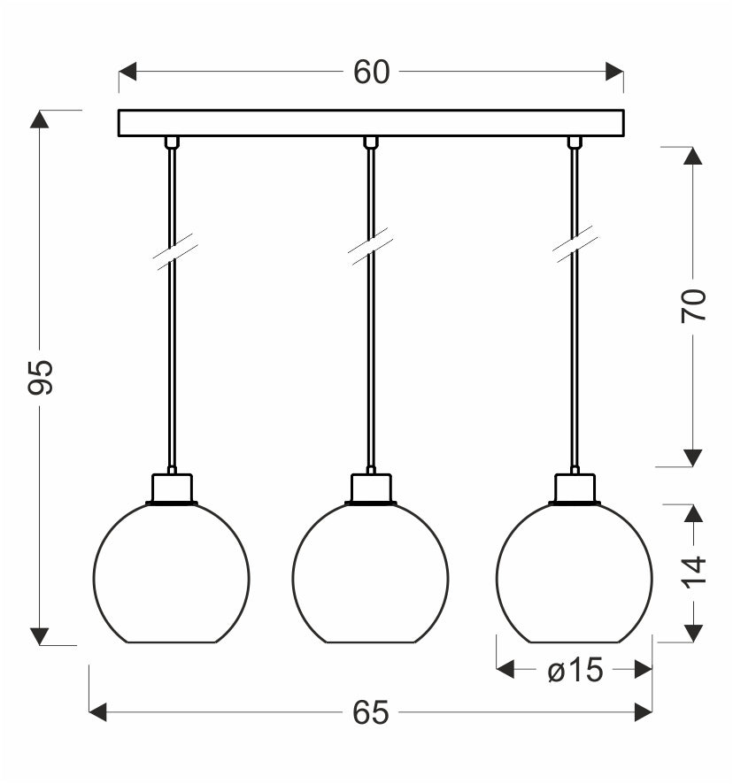 Schéma coté du luminaire : largeur 65 cm, hauteur 95 cm, globes Ø15 cm