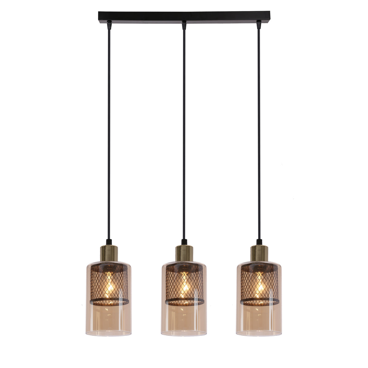 Suspension noire à trois lumières cylindriques en verre avec grille intérieure allumée.