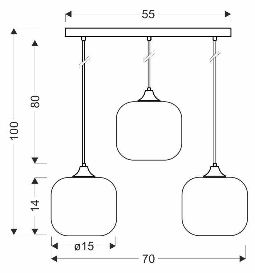 Schéma coté : barre 55 cm, hauteur totale 100 cm, abat-jour Ø15 cm