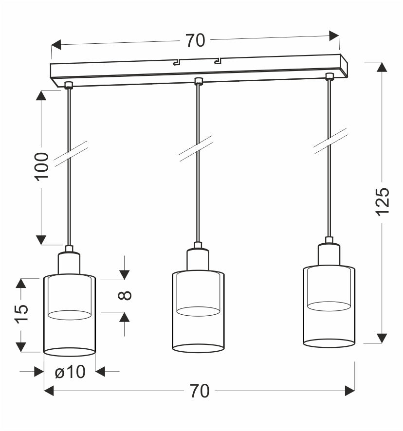 Schéma coté du luminaire : barre de 70 cm, câbles réglables et diamètre des verres