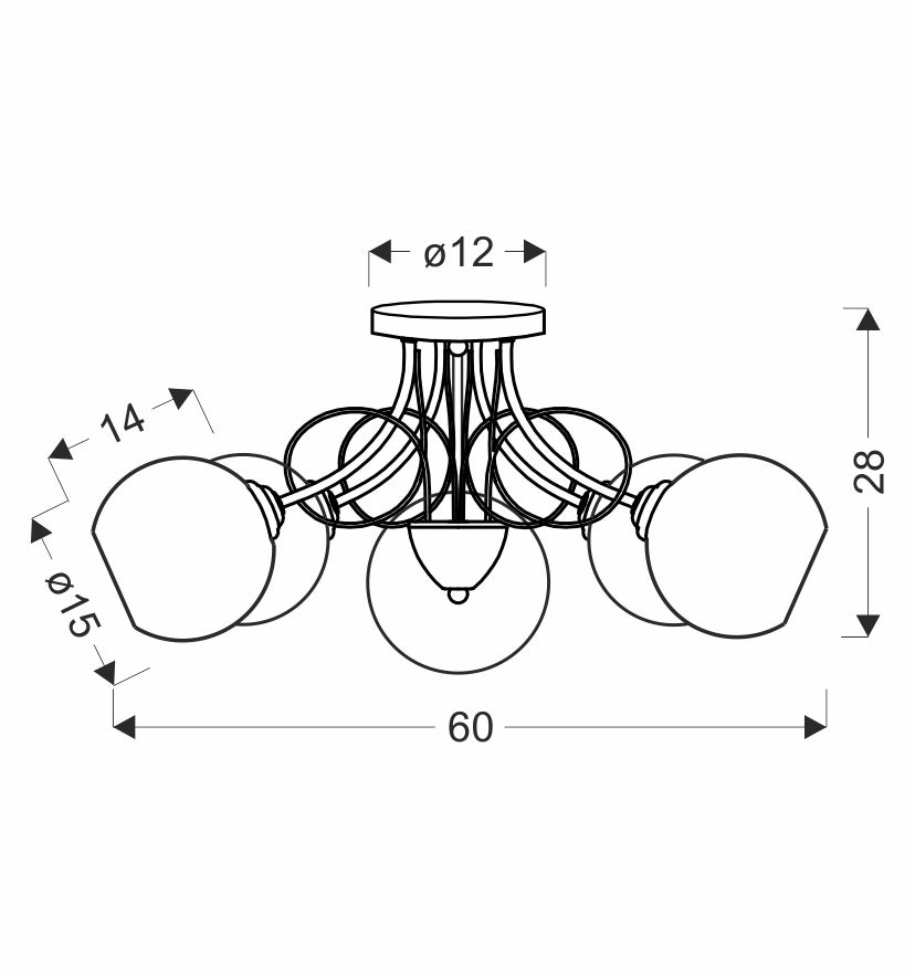 Schéma technique coté du plafonnier avec diamètre et hauteur, dessin au trait