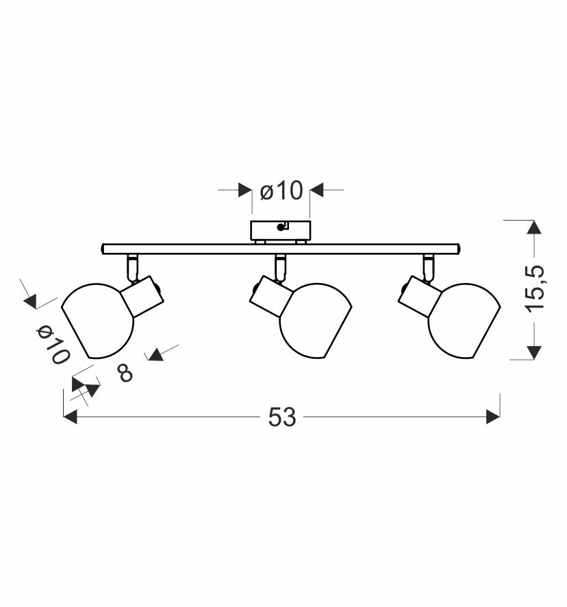 Schéma coté du plafonnier : largeur 53 cm, hauteur 15,5 cm, diffuseurs Ø10 cm.