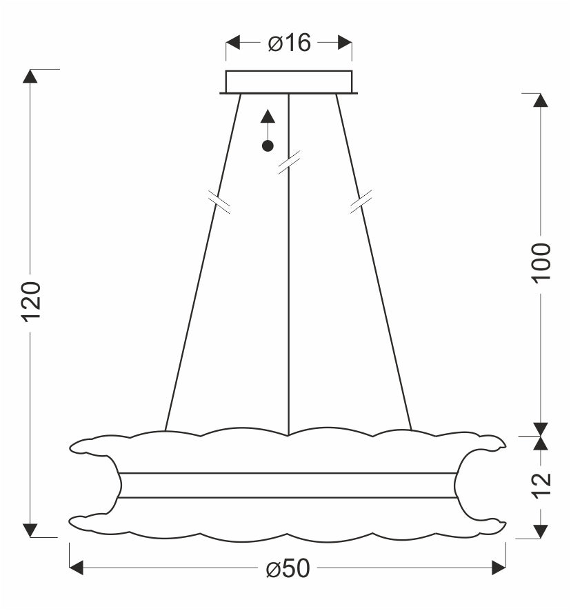 Schéma technique coté : diamètre 50 cm, hauteur 120 cm, rosace Ø16 cm.
