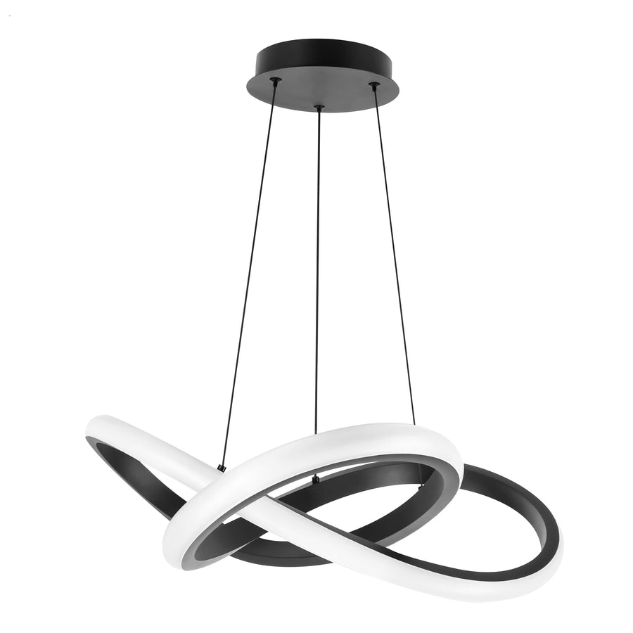 Vue de face sur fond blanc du luminaire suspendu aux anneaux entrelacés