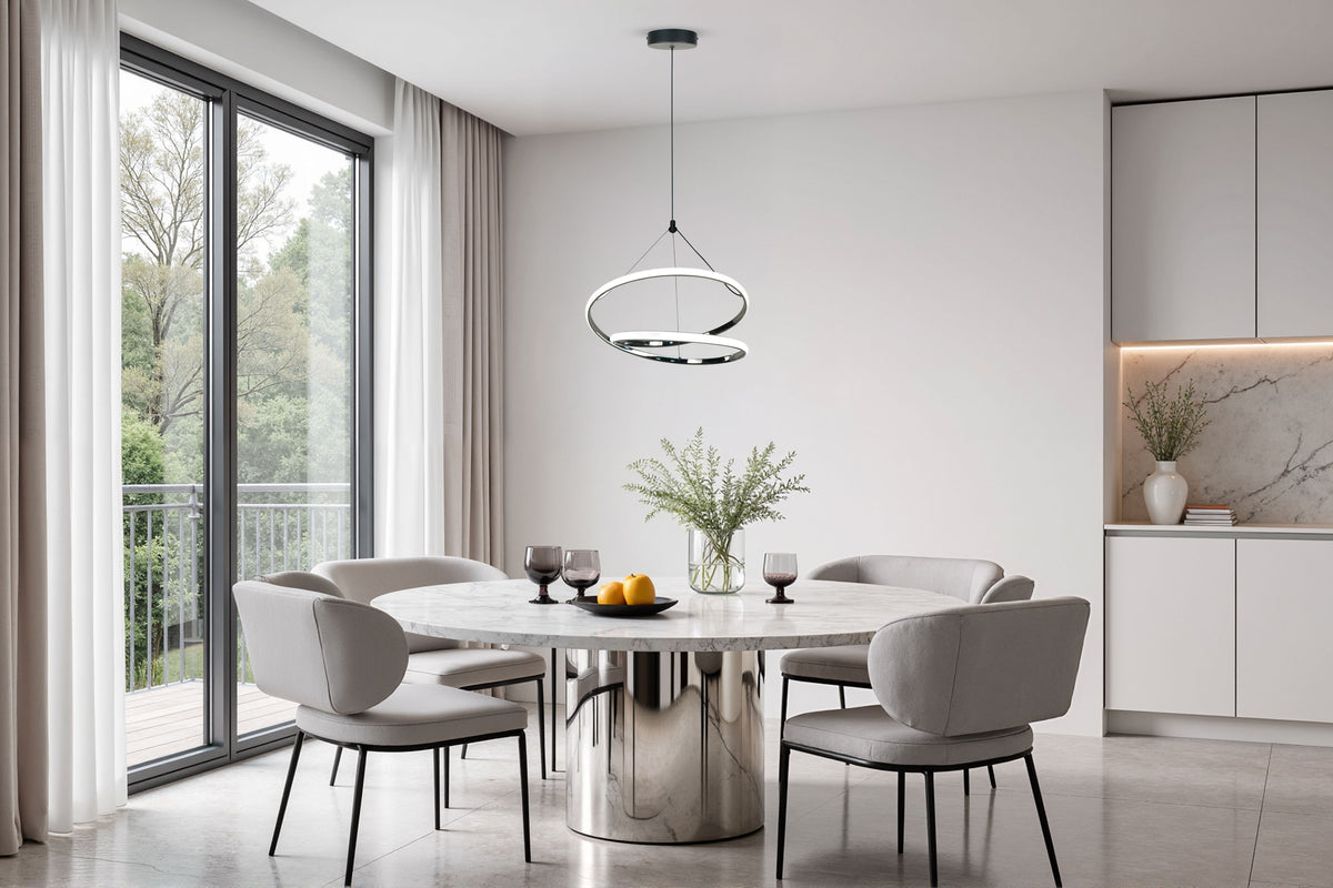 Mise en ambiance dans une salle à manger moderne, suspension au-dessus d'une table ronde.