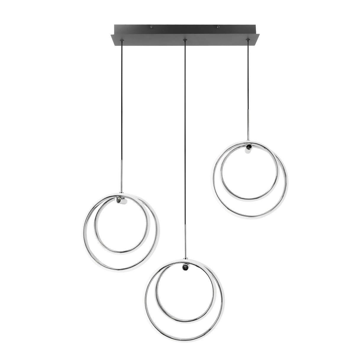 Suspension chromée à trois anneaux doubles suspendus sous un support rectangulaire, vue de face