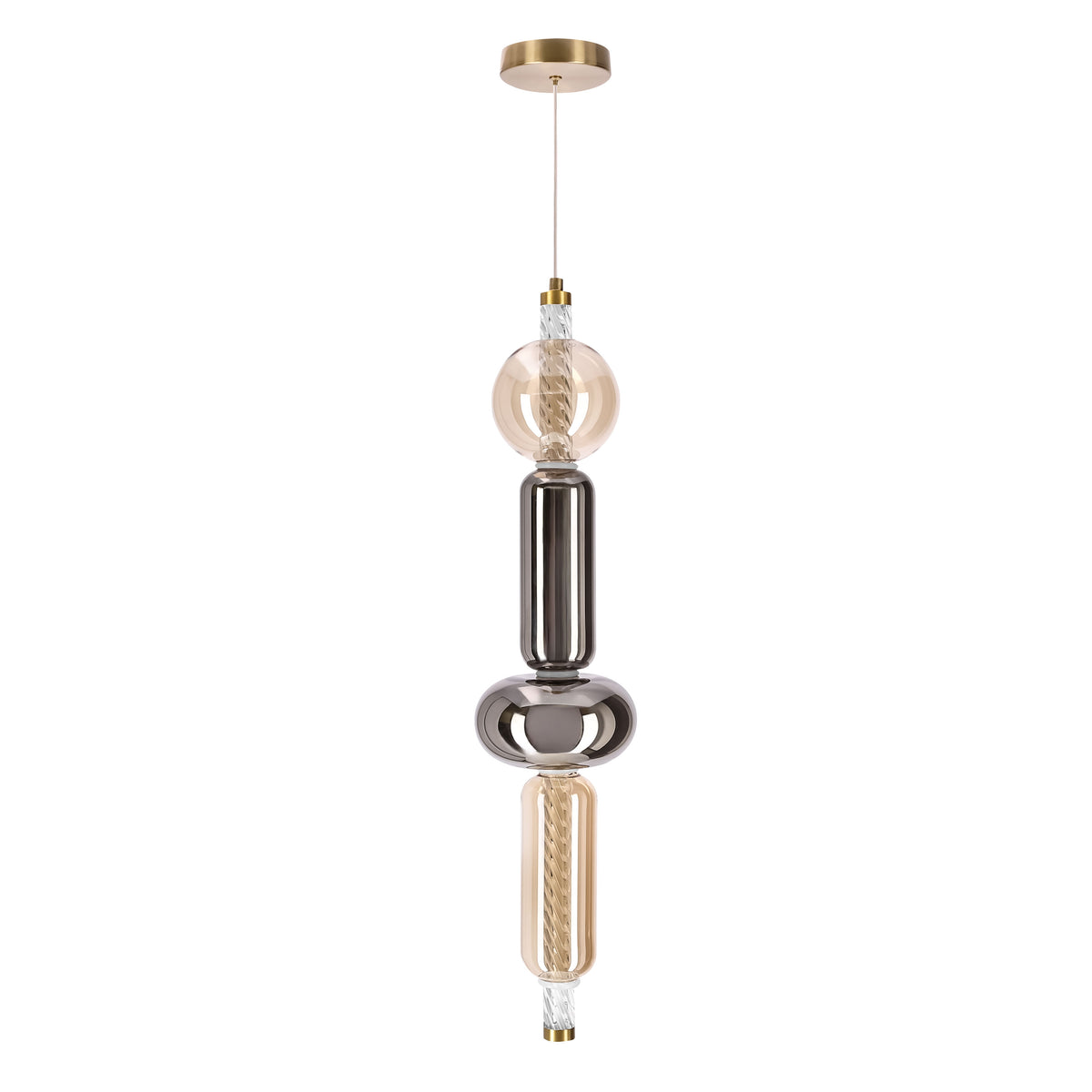 Suspension dorée verticale avec ampoule torsadée et segments en verre clair et fumé.