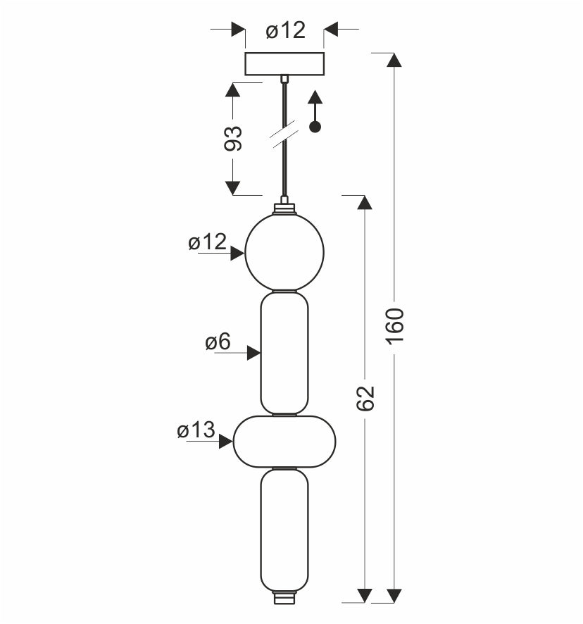 Schéma coté du luminaire : hauteur totale 160 cm et diamètres 6, 12 et 13 cm.