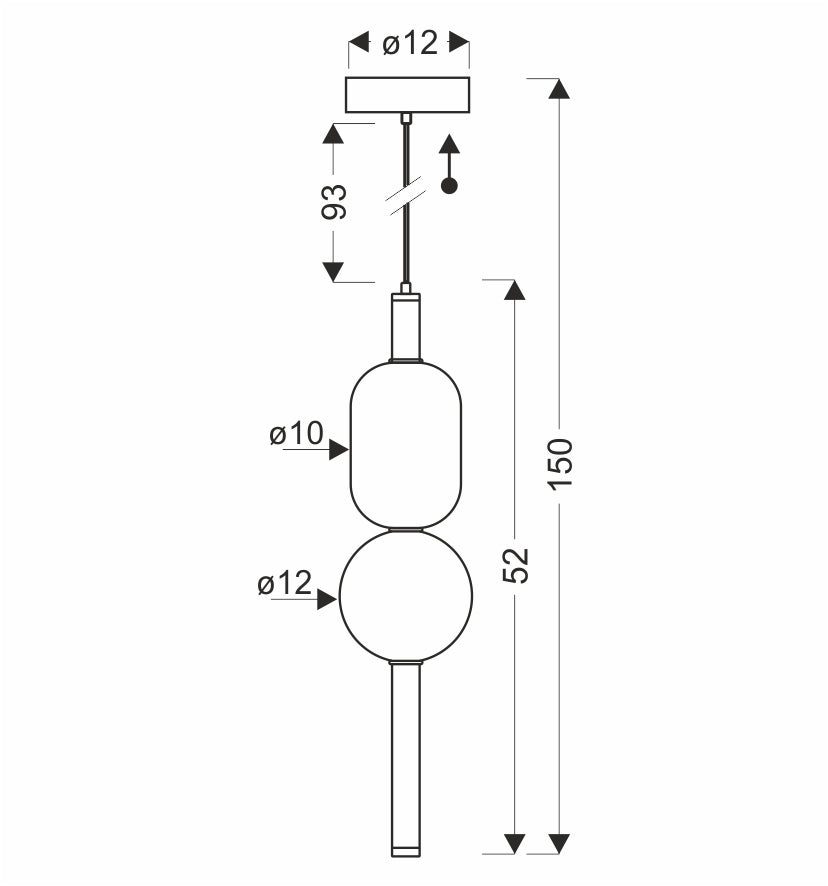 Schéma technique côté du luminaire avec diamètres, hauteur de câble et dimensions en centimètres.