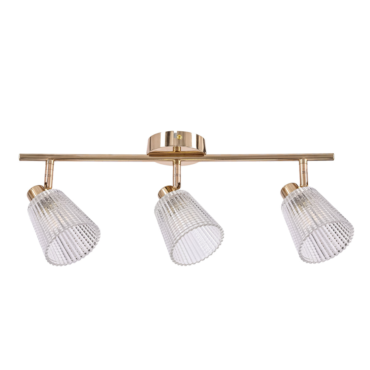 Vue de face du plafonnier doré trois lumières avec verres striés transparents