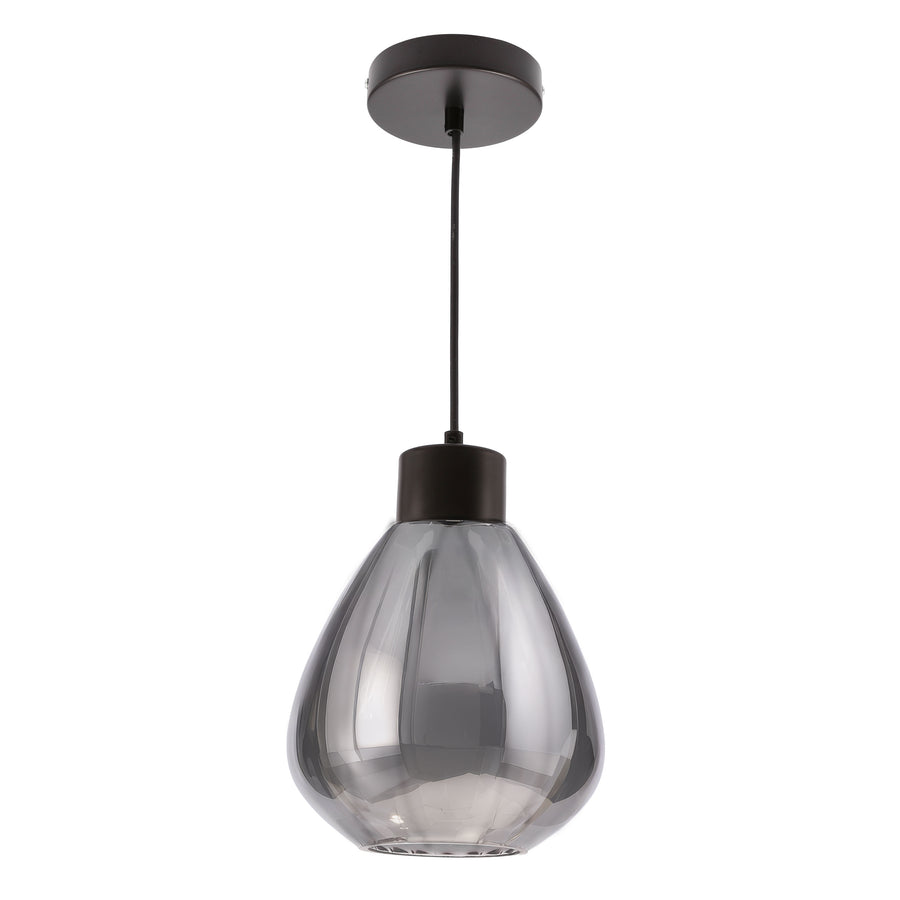 Suspension à verre fumé gris en forme de goutte, vue de face sur fond blanc