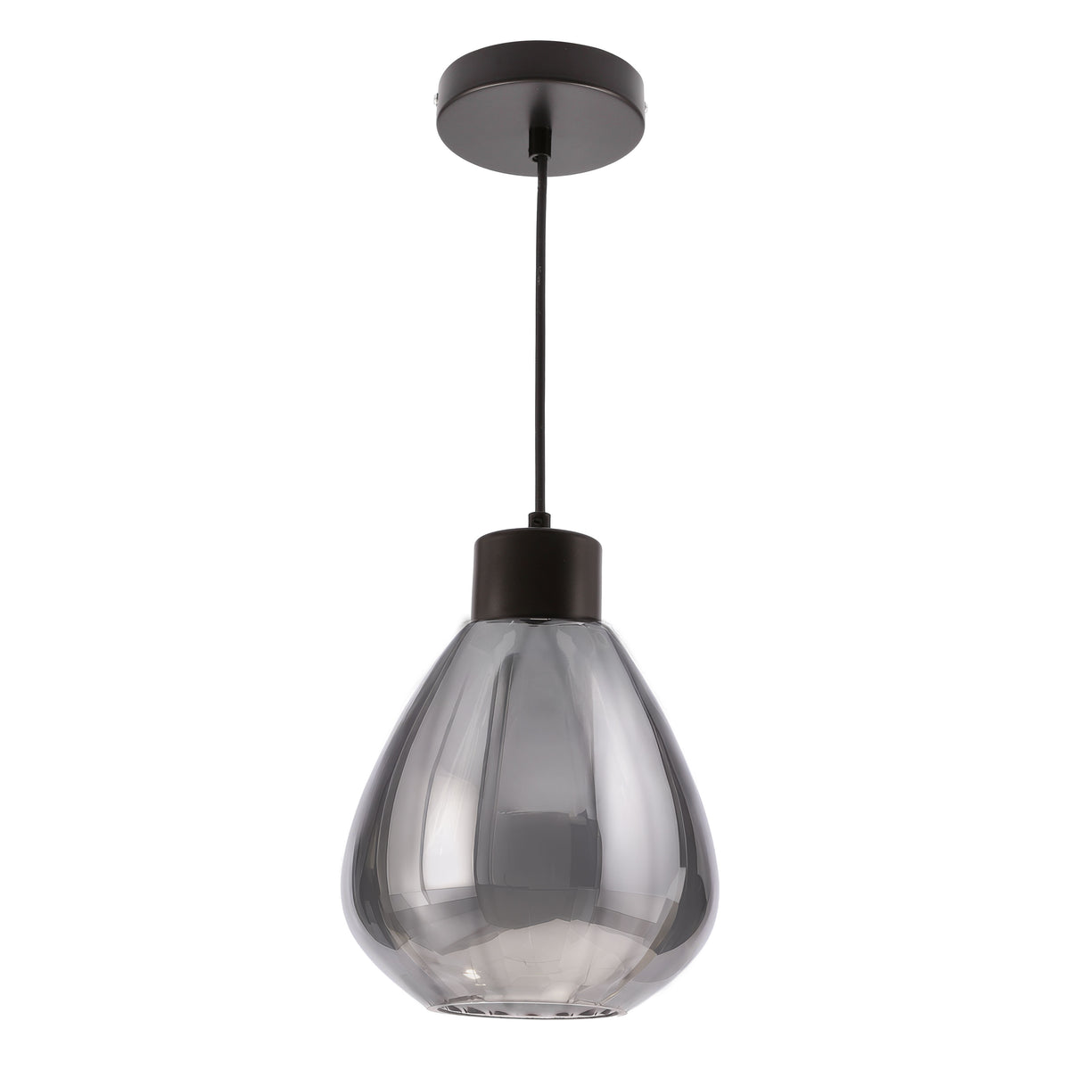 Suspension à verre fumé gris en forme de goutte, vue de face sur fond blanc