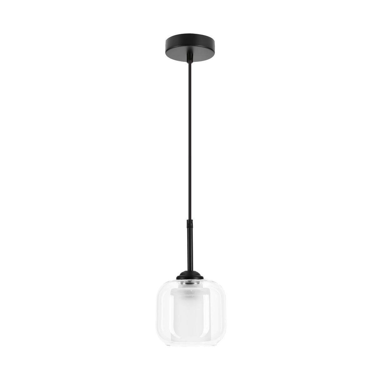 Suspension noire, abat-jour en verre transparent, vue de face sur fond blanc