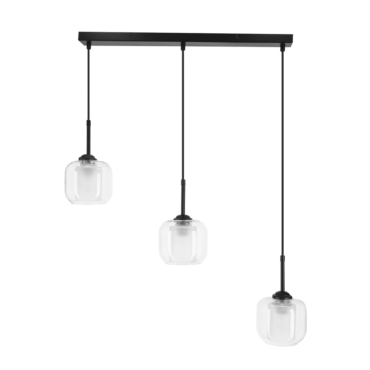 Suspension noire trois lumières, trois globes de verre transparent, vue de face sur fond blanc