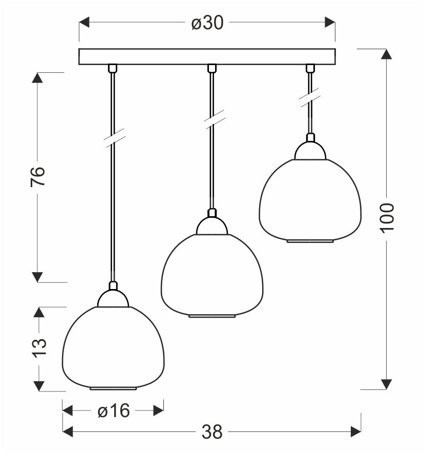 Schéma coté du luminaire : diamètre 30 cm, hauteur 100 cm, largeur 38 cm