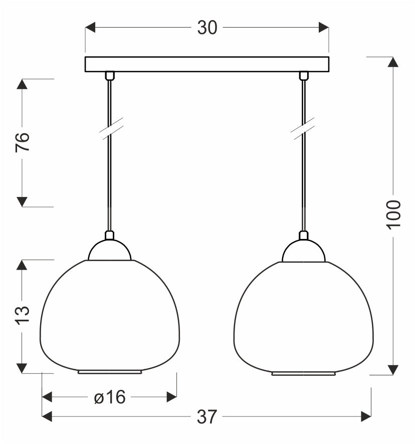 Schéma coté du luminaire : largeur 30 cm, hauteur 100 cm, abat-jour ø16 cm