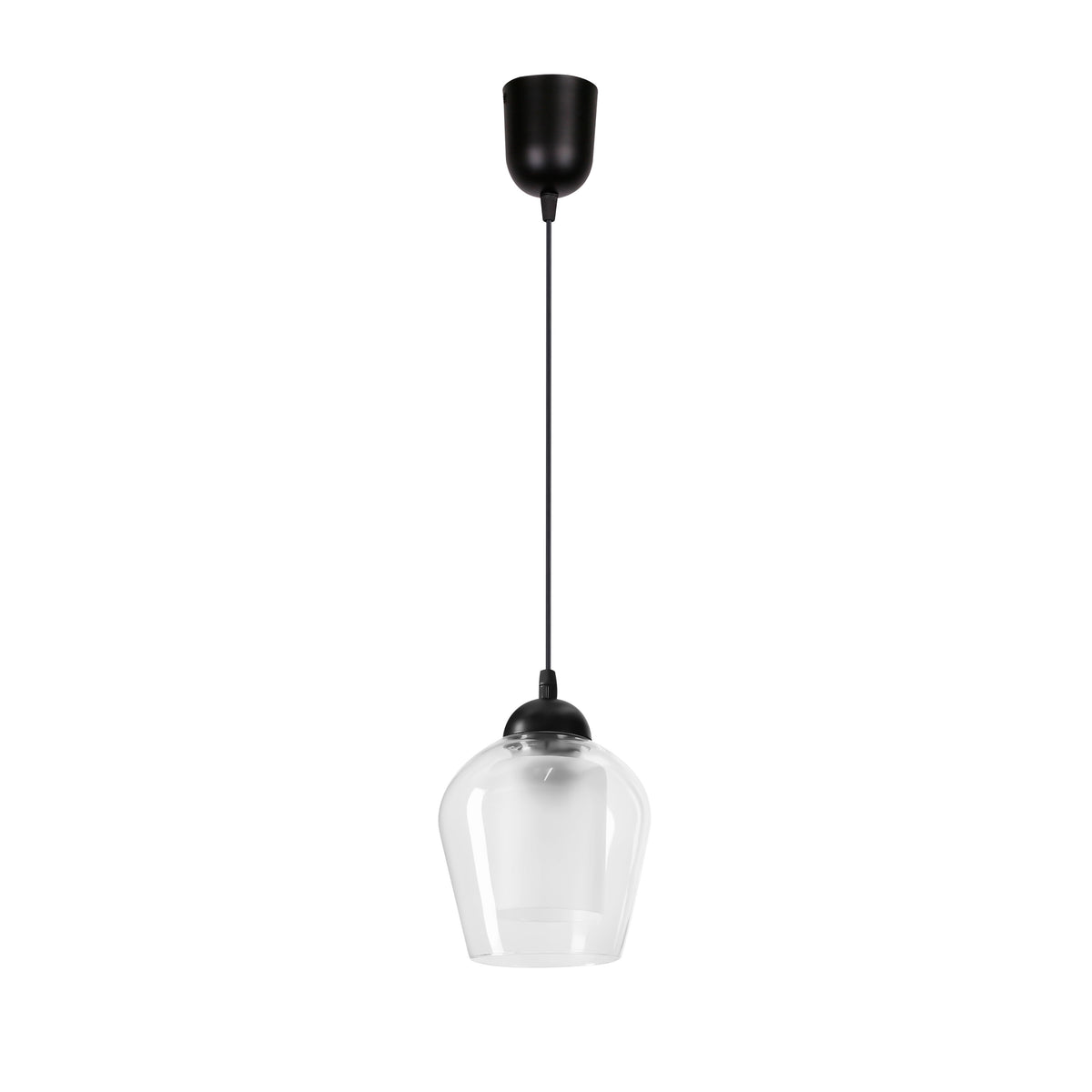 Suspension noire avec abat-jour en verre transparent de forme cloche, vue de face sur fond blanc