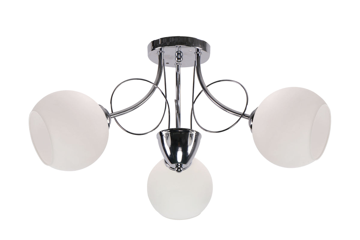 Plafonnier argenté à trois globes en verre blanc, bras incurvés, vue de face.