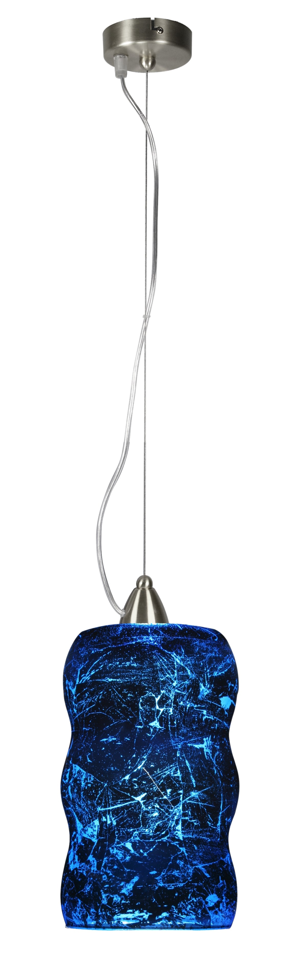Suspension bleue en verre craquelé, vue de face sur fond blanc
